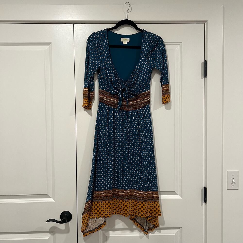 Maeve Teal Maxi Dress with Mustard and Brown Accents
